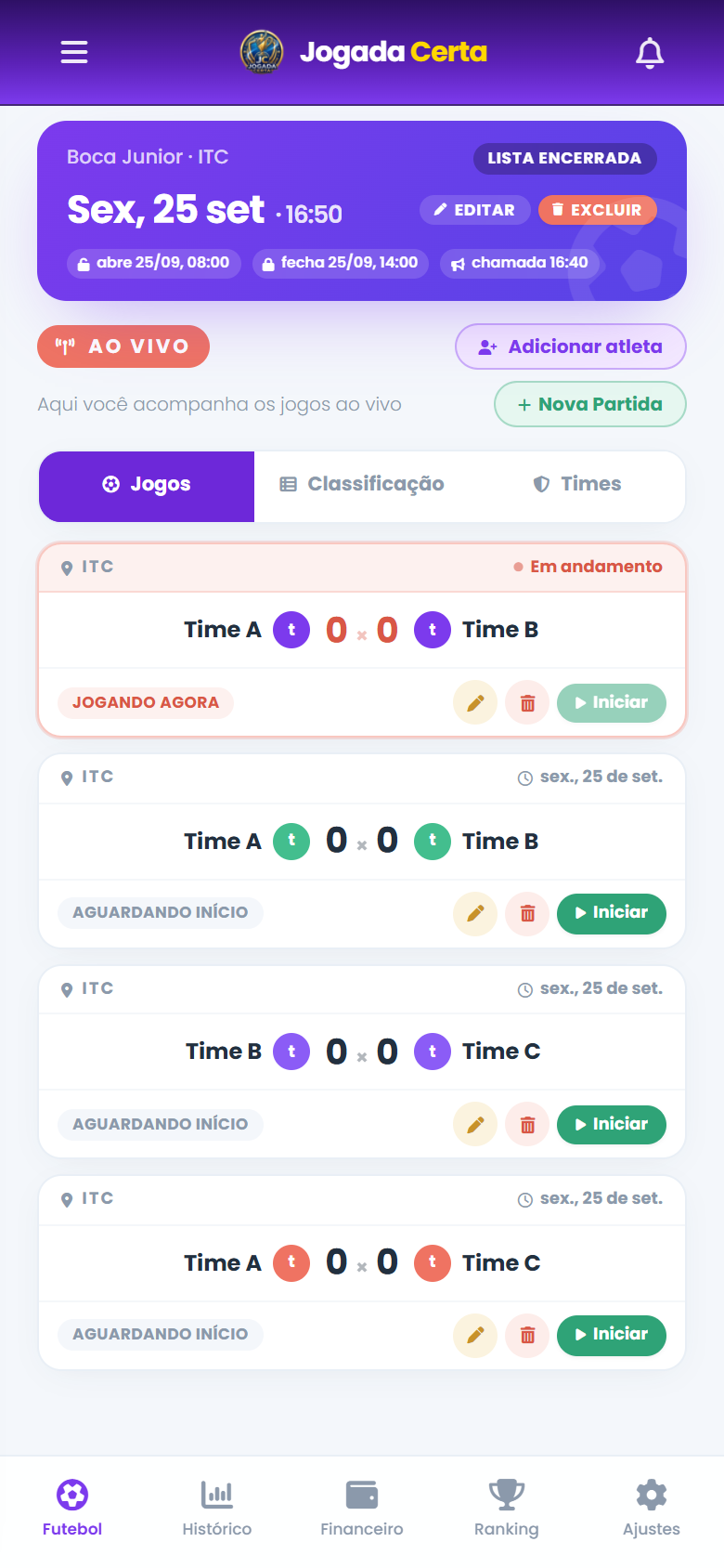 Tela principal do Jogada Certa